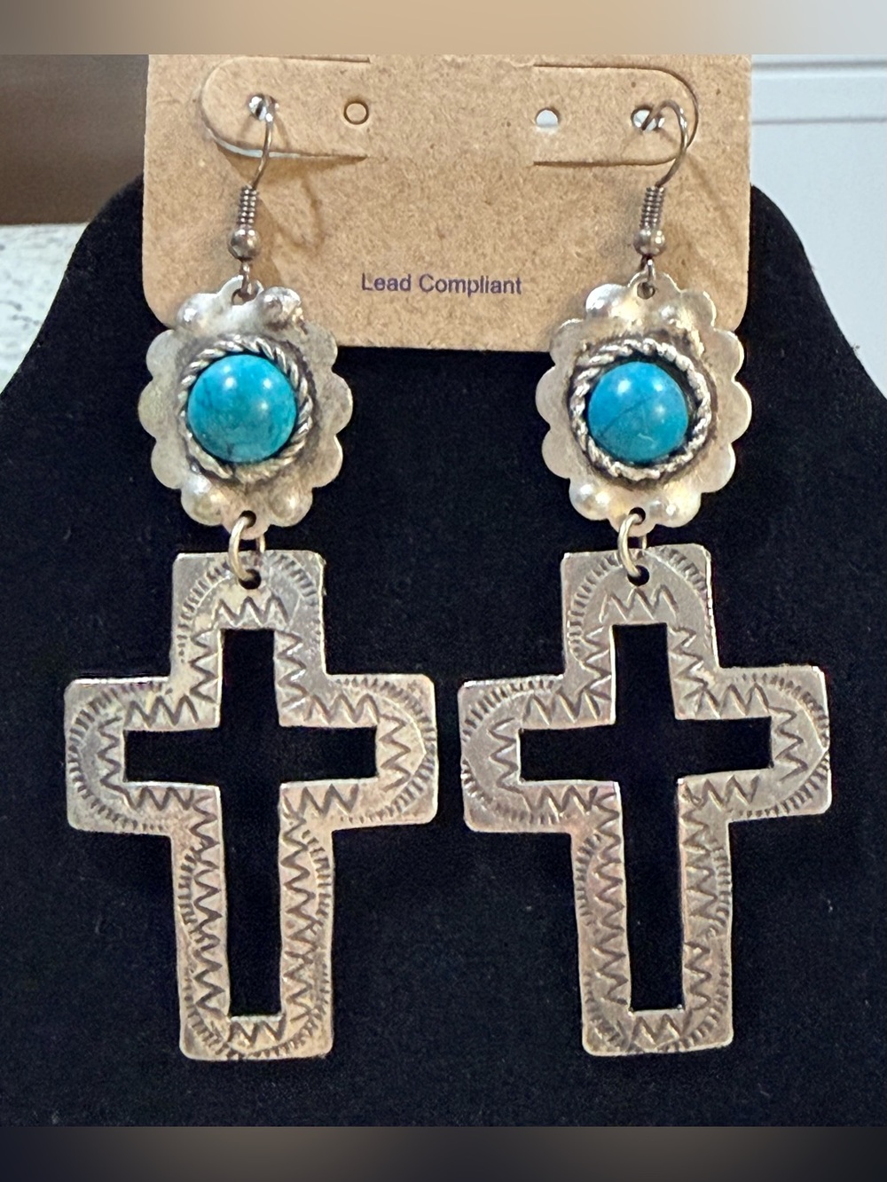 Turquoise Accent Silver Tone Cross Dangle Earrings - Women's Fashion Jewelry NEW